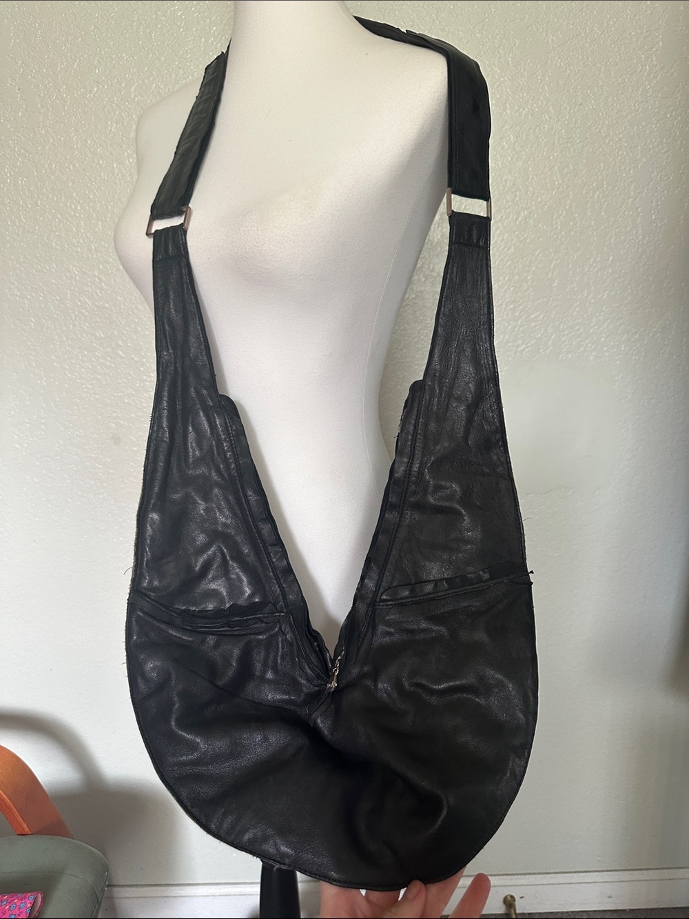 SASH Black Genuine Leather Hobo Sling Bag Distressed Used